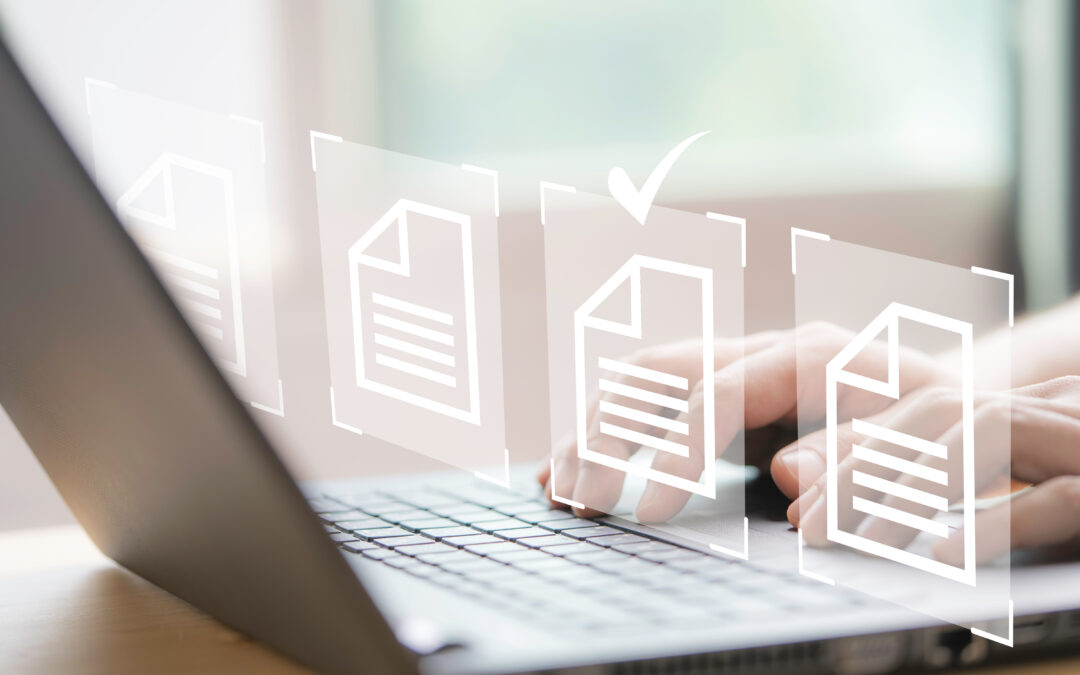 Hands using laptop computer with virtual screen showing document icons depicting online forms